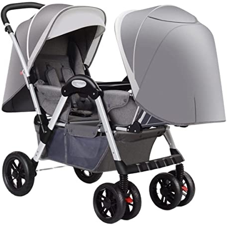 Zwillings-Kinderwagen, Doppel-Kinderwagen, Kleinkind-Kinderwagen for Zwillinge nebeneinander, faltbarer Doppelsitz-Tandem-Kinderwagen, wendbar, leicht zusammenklappbar (Color : Grey)