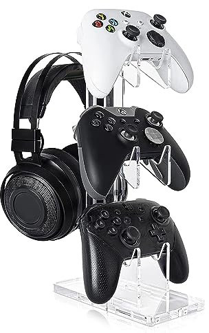 Kakbrt Game Controller Holder 3 Tiers,Universal Dual Controller Holder Headset Stand for Xbox Series X PS4 PS5 Switch Joy Con, Headphone and Controller (3 Tier Clear B)