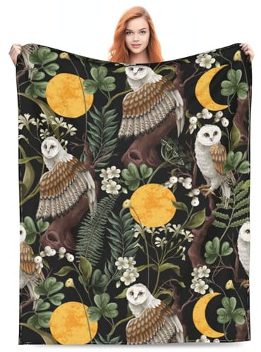 Couverture en flanelle douce et confortable pour les amateurs de hibou, fleurs et lunes et plantes, pour canapé, lit, salon, dortoir, décoration d'intérieur, 127 x 152,4 cm, décoration d'anniversaire,