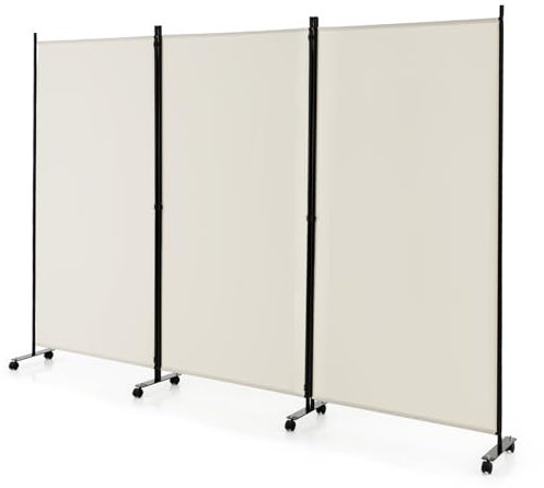 LIFEZEAL 3 Teilig Raumteiler Faltbar, Trennwand mit Rollen, Raumteiler Stehend aus Metallrahmen, Paravent Stellwand für Wohnzimmer & Esszimmer (Beige, 262 x 180 cm)