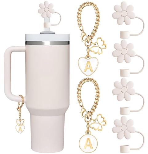 ANLABESY Compatible with Stanley Cup Accessories, 2PCS Butterfly Letter Charms with 4PCS 10mm Stanley Straw Cover Cap for Stanley Cup 30&40 Oz, Silicone Stanley Straw Toppers for Stanley Tumbler(A)