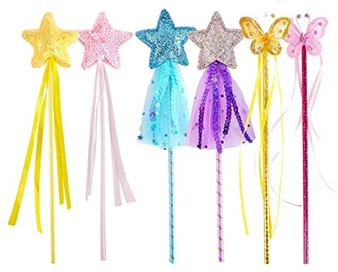 Lot de 6 baguettes de princesse à paillettes - Baguettes magiques en forme d'étoile et de papillon - Baguette féérique pour filles - Pour anniversaire, Noël, cosplay