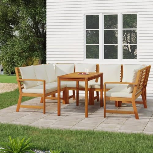 CKioict Gartenbank Balkon Sessel Outdoor Sessel 7-TLG. Garten-Essgruppe mit Kissen Massivholz AkazieFür Gärten, Terrassen, Balkone