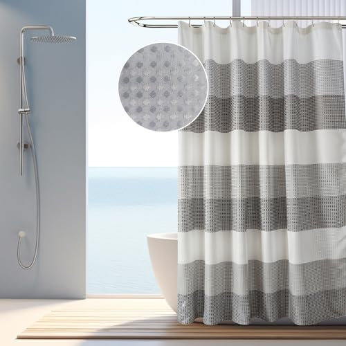 AIBIIN Rideau de douche gaufré à rayures grises en tissu très résistant lavable pour décoration de salle de bain avec 12 crochets 180 x 180 cm