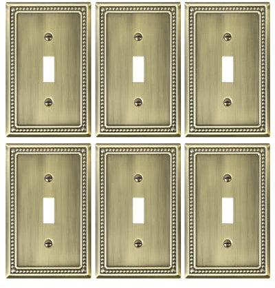 TREEWELL 6er-Pack Einzel-Kipp-Lichtschalter-Abdeckplatte, Perlen, dekorative Schalterplattenabdeckungen, antikes Messing, 1-Gang-Metall-Wandplatte, korrosionsbeständig