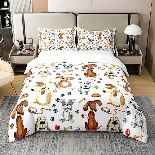 Loussiesd Hundedekorativ 100% Baumwolle Bettwäsche Set, Weich Cartoon Welpe Hund Bettwäsche-Set,Kawaii Pet Hund FootDrucken s Braun Room Bettbezug Set 135x200cm