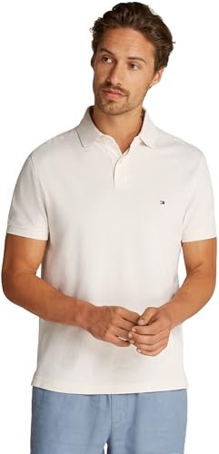 Tommy Hilfiger Men’s Short Sleeve Regular Fit Polo Shirt with Button Placket, Off-White (Ivory Petal), XL