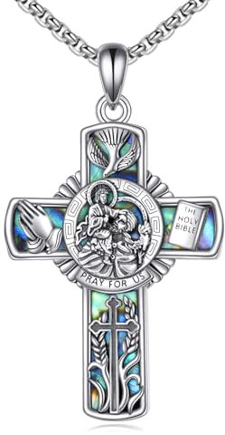 YFN Heiliger Christopherus Kreuz Halskette Sterling Silber Religiöser Beschützer Anhänger St Christopher Schmuck Saint Christopher Geschenke für Damen Herren