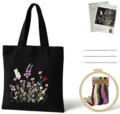NIYATA Stickset für Anfänger Erwachsene Hand Stickerei Tote Bag | Bestick Set Diy, Stick Set Tasche mit Blumen-Tragetasche zum Besticken, Stickrahmen, Garn, Nadeln & Anleitung