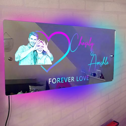 Certykllp Personalisiertes Namensspiegel-Licht, individuelles Paar, Foto, LED-beleuchteter Spiegel, Nachtlicht, Wanddekoration, Valentinstag, Verlobte, Geschenke für Brautpaare, Jahrestage,