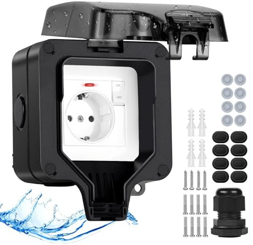 Upgrade - Presa esterna impermeabile IP66 con interruttore, spia di controllo, colore antracite, presa esterna da parete, resistente alle intemperie, per esterni, con chiusura a chiave, 1 scomparto