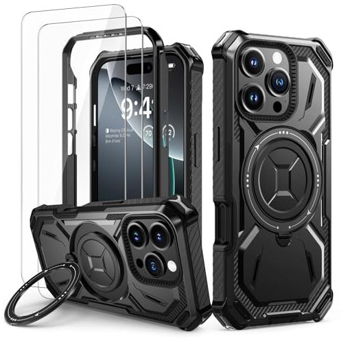 Lanhiem für iPhone 16 Pro Max Hülle mit 2 Stück Schutzfolie, 360° Ring Ständer Schutzhülle, Militärischer Stoßfest Handyhülle für iPhone 16 Pro Max Case, Schwarz