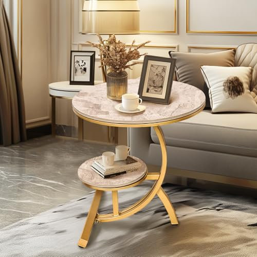 Center Stone Table 2 Tier Luxury Y-Shaped Side Table Living Room -Round Coffee Table with Sintered Stone Top Finish, Ideal as Sofa Side, Corner, End(Grey/Gold)