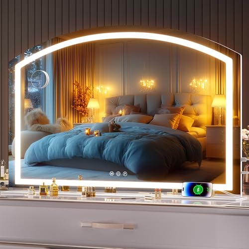 Hasipu Schminkspiegel mit Beleuchtung, 120 x 80cm Hollywood Schminktisch Spiegel mit 10x-Lupe, Tischspiegel mit USB-Ladeanschluss, 3 Modi Dimmbar Kosmetikspiegel