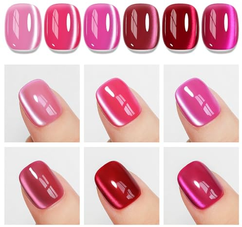 MIZHSE 6 Farben Cat Eye UV Gel Set Rosa und Rot Cat Eye UV Nagellack Set, Rosa Cateye Nagellack mit Magnet, UV/LED Soak Off 9D Cateye Nagelack, Frühling Serie Nail Art DIY 7ML 6er Pack