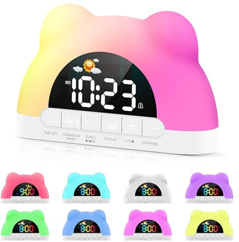 RANJIMA Kinderwecker, LED Wecker Digital, Schlaftrainer Kinder mit 11 Nachtlicht, Dual Alarm Snooze Soundmaschine Schlaftraining, Wiederaufladbar Wecker Digital Kinder für Mädchen Jungen, Schlafzimmer