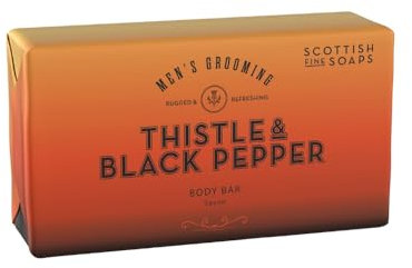 Scottish Fine Soaps Thistle & Black Pepper Body Soap Bar 220g – Men's Grooming Hydrating Glycerine Soap with Bold Black Pepper Fragrance