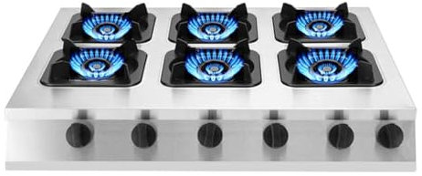 Cocina de gas de 6 quemadores, de acero inoxidable, con combustible GLP, encendido electrónico pulsado, ideal para uso doméstico y profesional