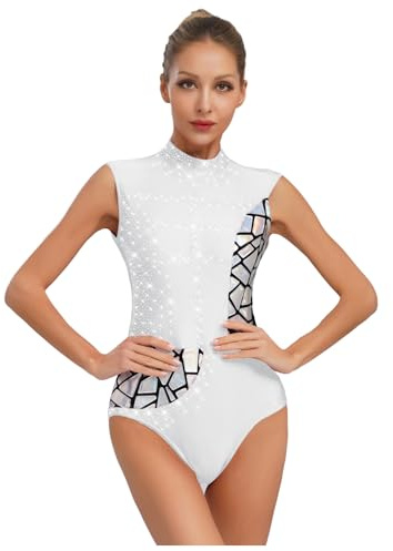 JEATHA Damen Glitzer Body Gymnastikbody mit Strass ärmellos Turnbody Trikot Leotard Ballettbody Skating Tanz-Body für Gym Tanz Eiskunstlauf