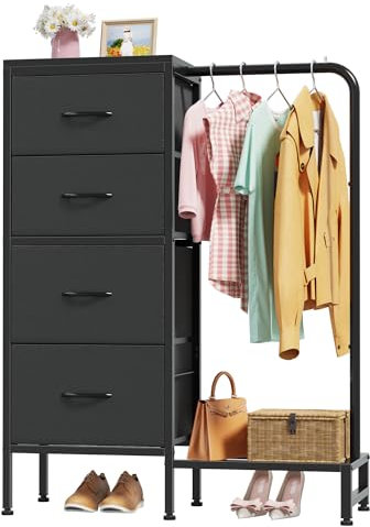 OYRREU 111cm Tall Chest of Drawers for Bedroom, 4 Fabric Drawer Small Dresser Black Storage Unit for Hallway Living Room Entryway, Reversible Closet Storage with Clothes Rail, for Kids Adults Gift