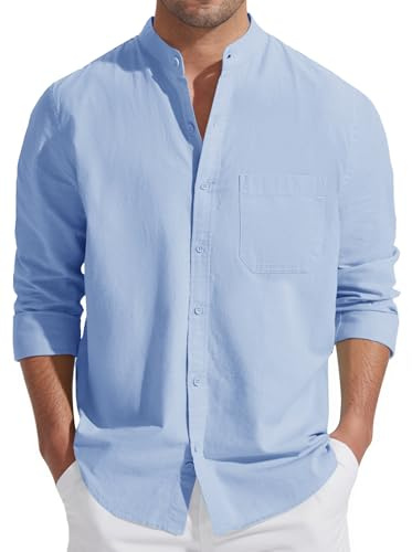 Friptspyg Hommes Chemise de Plage en Lin Coton - Casual Manches Longues à Col Arrondi, Taille Regular, Bleu Ciel XXL