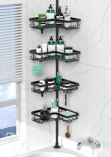 Cooeco Corner Shower Caddy,Height Adjustable Telescopic Shower Caddy from 25 to 114 inches, Rustproof Bathroom Shelf with 4 Tier & 28 Hooks, No Drilling Shower Shelf