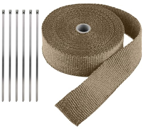 LKRXW Hitzeschutzband Auspuffband Glasfaser Auspuff Isolierband Hitzeschutz | Motorrad Auspuffkrümmer Band Hitzeschild Thermoband Krümmerband Wickelband Titan 5CM x 10M mit 6 Kabelbinder