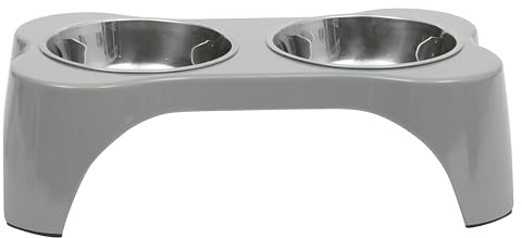 Gibson Home Bow Wow Meow 3-Piece Elevated Dog Bowl Set – Bone-Shaped Raised Feeder with 2 Stainless Steel Bowls for Medium to Large Dogs, Non-Slip, Easy to Clean, Grey