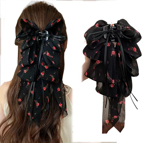 haarspange mit schleife damen chiffon haarklammer schleife | groß Haarspange mit Schleife,Chiffon-Blumen-Design, Schleife, ,Pferdeschwanz Haarschmuck für Damen und Mädchen