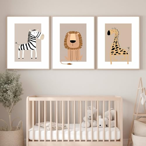 3 Bilder Babyzimmer Tiere Beige 30X40CM Poster Kinderzimmer Jungen Löwe Zebra Giraffe Bilderwand Kinder Leinwand Tiere Babyzimmer Bilder Kinderzimmer Jungen Safari Leinwand Deko Kinder ohne Rahmen