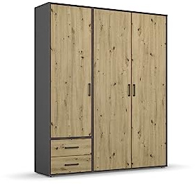 Rauch Möbel Voyager, Schrank, Grau metallic/Eiche Artisan, Breite 140 cm | Kleiderschrank, 3-türig, 2 Schubladen, Zubehör Classic, für Schlafzimmer, Kinderzimmer, Studentenwohnung, Garderobe