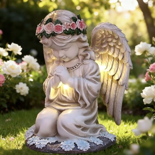 RNPKZ Solar Engel Gartenstatuen, LED Fairy Engel Figur, Grablicht Outdoor-Deko, Betende LED-Schutzengel-Figur, EngelSkulptur Deko Rasen, Wetterfest Grabschmuck für Friedhof Outdoor Gartendekoration