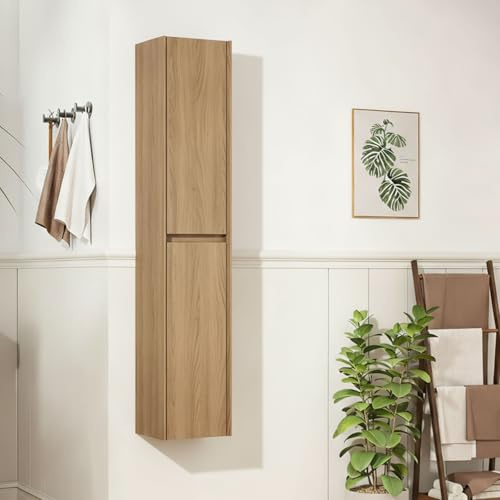 Aceinheu Badezimmer-Wandschrank 140 cm Hoch – Schmaler Badschrank mit 2 Türen, Eiche Holzmaserung, Verstellbare Regale, Feuchtigkeitsbeständig, Dämpfersystem, für Bad/Wohnzimmer/Wäscherei, (Eiche)