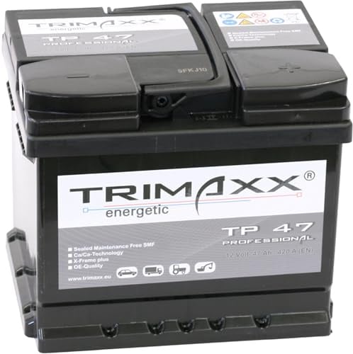 TRIMAXX Autobatterie 47Ah 12V 450A/EN mehr Startkraft Starterbatterie ersetzt 44Ah 45Ah 46Ah 47Ah 50Ah 40Ah, PKW