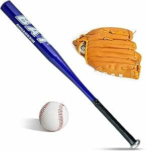 D.I.L Baseball Bat Set, 25 Inch Aluminum Metal Bat with 10.5 Inch Leather-Style Glove and Ball, for Kids, Red, Blue, Black, Silver