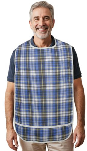 Modaliv Premium Adult Bib for Eating – Reusable Waterproof Clothing Protector with Food Catcher, Extra Long Adaptive Design for Elderly Care – Blue