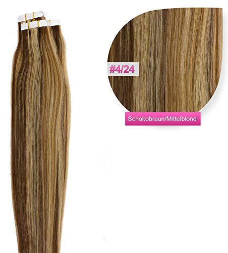 Tape Extensions Gesträhntes Echthaar Haarverlängerung 50cm Tape In Haare mit Klebeband 10 Tressen x 4 cm breit und 2,5g Gewicht pro Tresse Farbe #4/24 Schokobraun Blond