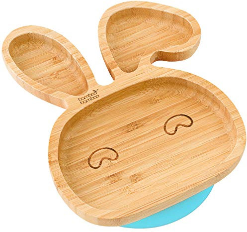bamboo bamboo Baby E Piatto Bambini, Piatto Bambù Con Suzione Sicura Per Pasti E Svezzamento, Piatto Coniglio Con Base Antiscivolo, Piatti Per Neonati Da 6 Mesi (Coniglio, Blu)