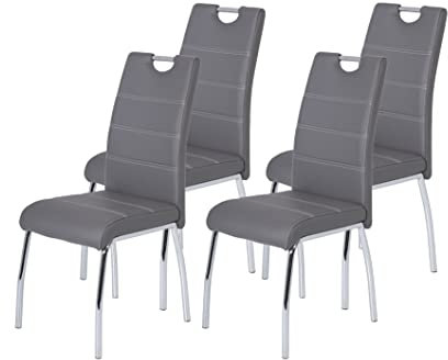 Hela Tische, 4er Set Esszimmerstuhl Susi, Bezug Kunstleder Grau, Griffmulde, Metallgestell Chrom, 43 x 61 x 98 cm
