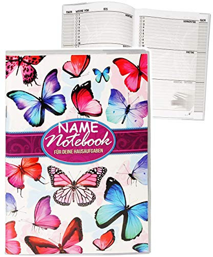 alles-meine.de GmbH Hausaufgabenheft - Schmetterling - incl. Name - für Faule - ohne Vortragen der Stunden ! - Schule - incl. Schutzhülle & bunten Seiten - für Mädchen & Jung..