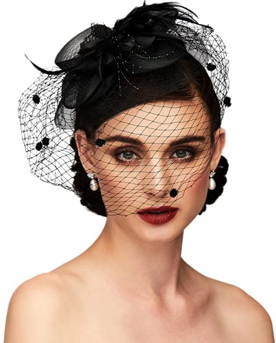 TS Fascinators Hat Tea Party Hat Mesh Floral Feather Hair Clip Girls and Women Fascinator Headband with Veil for Wedding Cocktail Black