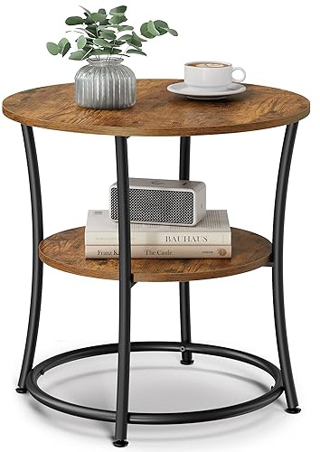 VASAGLE 21.7-Inch Round Side Table, 2-Tier End Table, Nightstand with Steel Frame, Spacious Top, for Small Spaces, Living Room, Bedroom, Rustic Brown and Ink Black ULET56BX