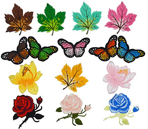 15 Pièces Eccuson Patch Feuille d'érable Rose, Patch Jean Troué Fleurs, Ecusson à Coudre Papillon, Ecusson Thermocollant Fille, Stickers Tissu Thermocollant Pivoine