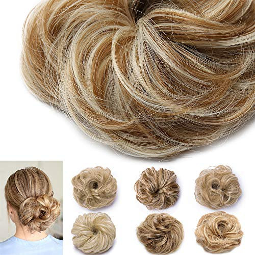 Silk-co Haarteil mit Gummiband, Dutt mit Haaren Gewellt Weich Dutt Haarteil mit Gummiband 25 g, Gelockt Haarverdickung Hair Extensions Messy Bun Hochsteckfrisuren Honigbraun & Bleichblond