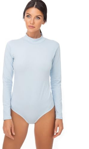 Evoni Damen Body langarm I blickdichter Bodysuit mit Halbkragen für Frauen I Langarmbody aus Baumwolle I Women Body Shaper I Jumpsuit M Hellblau