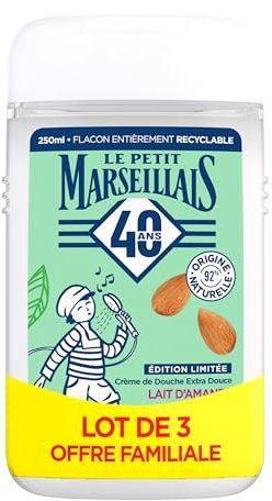 Le Petit Marseillais | Crème de Douche Extra Douce Lait d'Amande Douce Bio (lot de 3 flacons de 250 ml) – Gel douche avec 92 % d'ingrédients d'origine naturelle – Édition limitée 40 ans
