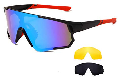 Long Keeper Cycling Glasses with 3 Interchangeable Lenses Polarised Sport Sunglasses Anti-UV400 Windproof Cycling MTB Goggles for Men Women (Grey+Yellow+Blue)