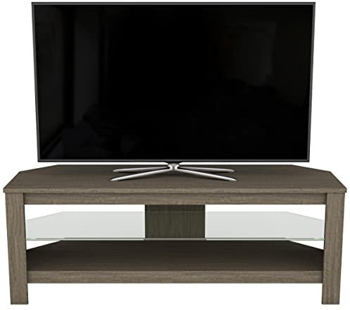 AVF Wood Corner TV Stand - Calibre Grey Wood Effect TV Floorstand Unit With Glass Shelf - 115cm Wide - Open Shelving - Cable Management - Easy Assembly CA115GREX