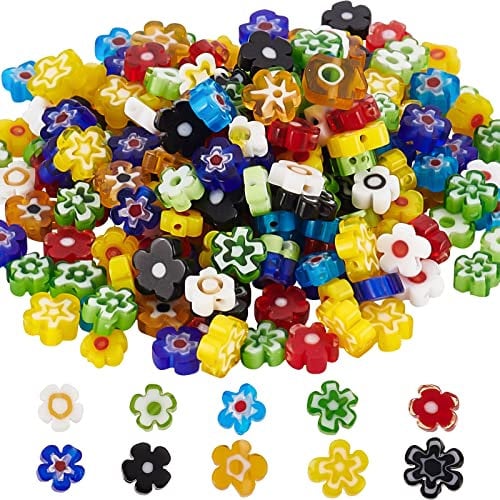 SUNNYCLUE 1 Scatola 200 Pezzi 10 Stili Fatti A Mano Millefiori Perle di Vetro di Murano Fiore Piatto Rotondo Allentato Distanziatore Perline per Collana Fai da Te Bracciale Orecchini Creazione