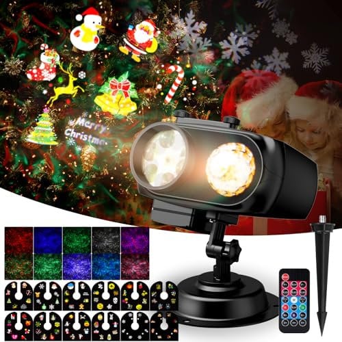 NACATIN Christmas Projector Lights, 2-in-1 LED Projector with Interchangeable 12 Slides (96 Patterns) & 10 Water Waves, Water-Resistant Remote for Indoor Outdoor Xmas Halloween Party Decorations
